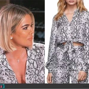 Good American‎ Python Snakeskin Satin V-Neck Flowy Tie Front Women's Blouse Sz S